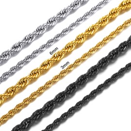 Men Twisted Style Rope Chain 6mm 18K Gold Plated Necklace, 30"