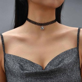 Xmsrn Vintage Black Lace Choker Necklace Black Bow Pendant Necklace Gothic Hollow Lace Necklaces 90s Victorian Tattoo Necklace Jewellery for Women and Girls, Zinc, No Gemstone