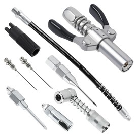 Grease Gun Tips Accessory 9PCS Kit, Includes 2pcs Grease Needle Dispenser, 2pcs Grease Needle Nozzles, Right Angle 90 Degree Grease Coupler Adapter, Coupler, 12 Inch Hose, Zerk Fitting Cleaner