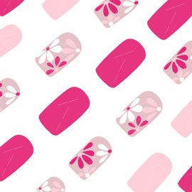 BABALAL Acrylic Press on Nails Short Square Fake Nails Hot Pink Glue on Flower Summer False Nails 24Pcs Squoval Manicure Stick on Coquette Artificial for Women and Girls