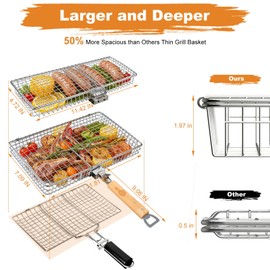 Fish Grill Basket for Outdoor Grill, Stainless Steel ，Removable Wooden Handle, Locking Grill Basket for Fish, Shrimp & Vegetables, Portable Camping BBQ Accessories for Charcoal Grill, Backyard BBQ, Cookout & Tailgating