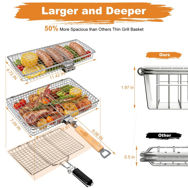 Fish Grill Basket for Outdoor Grill, Stainless Steel ，Removable Wooden