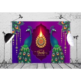 CORFOTO 10x8ft Fabric Happy Diwali Festival Backdrop Diwali Crystals Gold Diya Peacock Background Diwali Decorations Backdrop for Deevali Pooja Indian Wall Banner Happy Diwali Party Decoration Props