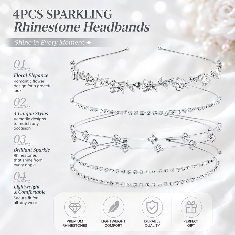 4 Pcs Rhinestone Headbands for Women Silver Bridal Wedding Hair