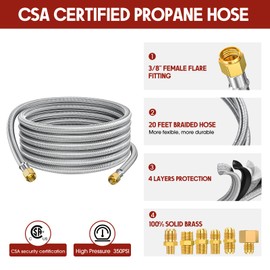 GasXpert 20 Feet High Pressure Braided Propane Hose Extension with Conversion Coupling 3/8" Flare to 1/2" Female NPT, 1/4" Male NPT, 3/8" Male NPT x Male Flare for Heater, Grill, Fire Pit, Stove
