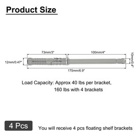 sourcing map 4 Pcs Floating Shelf Brackets, Metal Hidden Shelf Support Brackets 0.4" x 4" Invisible Shelf Brackets with Screws for Floating Wood Shelves (Silver Tone)