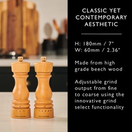 Cole & Mason London Pepper Mill – Refillable Spice Shakers with a Premium Wood Design - Adjustable for Fine to Coarse Seasonings - Uses Carbon Steel Mechanism - Beech Wood, 7"