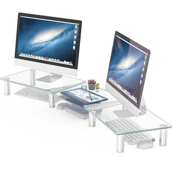Hemudu Dual Monitor Stand -Adjustable Length and Angle Dual Monitor Riser, Desktop Organizer for PC, Computer, Laptop (Clear)