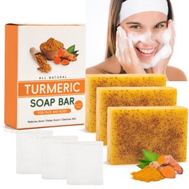 3 Stück Kurkuma Seife für Gesicht und Körper, Turmeric Kojic Acid Soap Original, Kernseife Natur für Pigmentflecken Entferner, Tiefenreinigung, Feuchtigkeitsspendend
