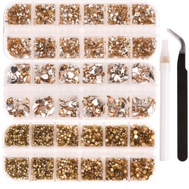 3D Nail Charms Champagne Gold Nail Rhinestones Multi Shapes Flatback Bedazzling Crystals Half Round Beads with Dotting Tools for DIY Nail Design