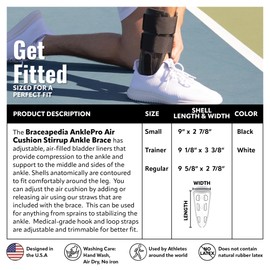 Braceapedia AnklePro Air Cushion Stirrup Ankle Brace, Adjustable & Trimmable 3-Strap Stabilizers With Customizable Air Cushion and Foam Pads for Injured Ankles, Swelling & Foot Support, Small, Black