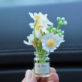 Generic Set of 3 Mini Daisy Flowers in Glass Vase Cute Car Accessories for Rear View Mirror & Dashboard Decorations Funny Car Interior Ornaments for Women Gifts (02#)