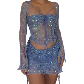 xxxiticat Women's Hollow Out Skirt Matching Set Long Sleeve Cardigan Jacket Bralette Crop Top Crochet Skirt Three Piece Suit(BE,L)