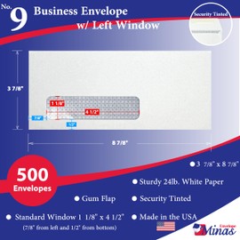 500 Minas Envelope No. 9 Business Envelope, Left Window, 3 7/8 x 8 7/8, Tinted, Diagonal Seam, Gum Flap, 24lb. White (500 Envelopes.)