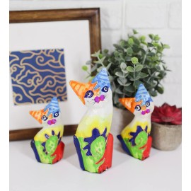 BALIKRAFT Ebros Balinese Wood Handicrafts Bright Colors Cat Family Set of 3 Figurines