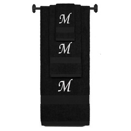 Custom Embroidered Terry Cotton Ring Spun Bath Towel, Hand Towel and Washcloth Set - Black Towel Set, White Chancery Initial M
