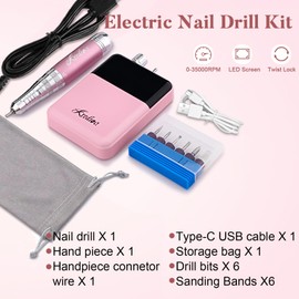 Kredioo Portable Nail Drill 35000 RPM, Rechargeable Electric Nail File E File Kit with Storage Bag Professional for Acrylic Nails Gel Polish Remove Dip Powder for Manicure Salon Home-Pink