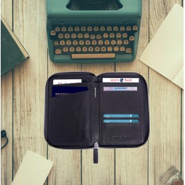 ALLEN & MATE Passport Holder Travel Wallet, Leather Travel Folio RFID Blocking Travel Document Organiser for Women Men (Black with Zip)