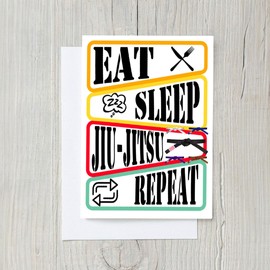 PICTURE THIS PRINTS Eat Sleep Jiu Jitsu Repeat Funny Brazilian Jiu Jitsu Greeting Card, BJJ Belt Promotion Milestone BJJ Celebration, Martial Arts Grappling Humor Card, Comes with Envelope (5x7”)