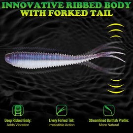 LUCKYFISHING Soft Plastic Baits Forked Tail Fishing Soft Bait for Bass Walleye Trout Crappie Lures Purple Pearl-4in-20pcs