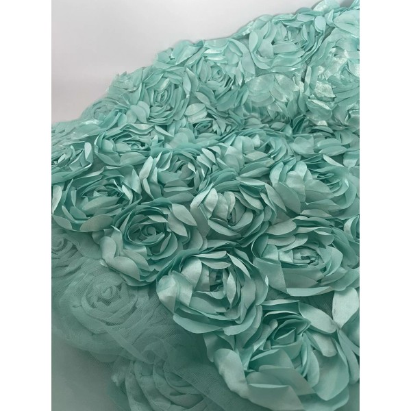 Nice Fabrics Aqua 3D Rosette Embroidery Satin Rose Flowers Floral