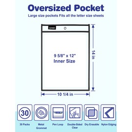 SUNEE 30 Packs Oversized Reusable Dry Erase Pocket Sleeves with 2 Rings, Black 10x14 Ticket Holders, Clear Plastic Sheet Protectors, Teacher School Classroom Supplies