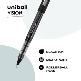 uniball Vision Rollerball Pens, Micro Point (0.5mm), Black, 4 Pack