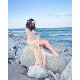 Saslax Lace Off Shoulder Doubly Split A-line Skirt Maternity Dress Soft Stretchy Pregnancy Prop Maxi Gown for Photoshoot Champagne Large