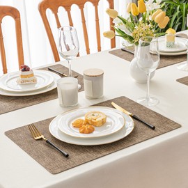 Romanstile Vinyl Placemats Set of 6-12 X 17 Inch - Faux Leather 100% Waterproof Oil-Proof Wipeable Place Mats, Heat Resistant Reversible PU Table Mats for Kitchen Dining Party Outdoor, Coffee
