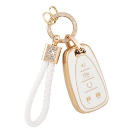 PIFOOG Key Fob Case for Chevy TPU 5 Button Keys Cover Shell Glittering Car Keychain for Malibu Equinox Trax Camaro Blazer Traverse Trailblazer Spark Girly Cute White Gold