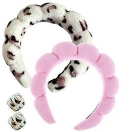 Spa Headband for Washing Face, Makeup Headband, Bubble Skincare Headbands with Face Wash Wristbands, Terry Cloth Headband Soft Puffy Headband for Women Gifts (Pink+White brown leopard)