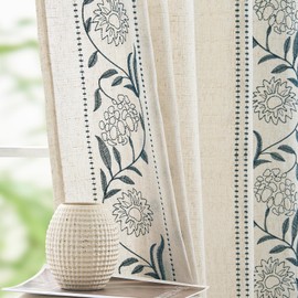 jinchan Winslow Linen Curtains for Bedroom 63 Inches Length Embroidered Bordered Floral Curtains for Living Room Farmhouse Decor Light Filtering Window Treatments Blue on Beige Drapes 2 Panels