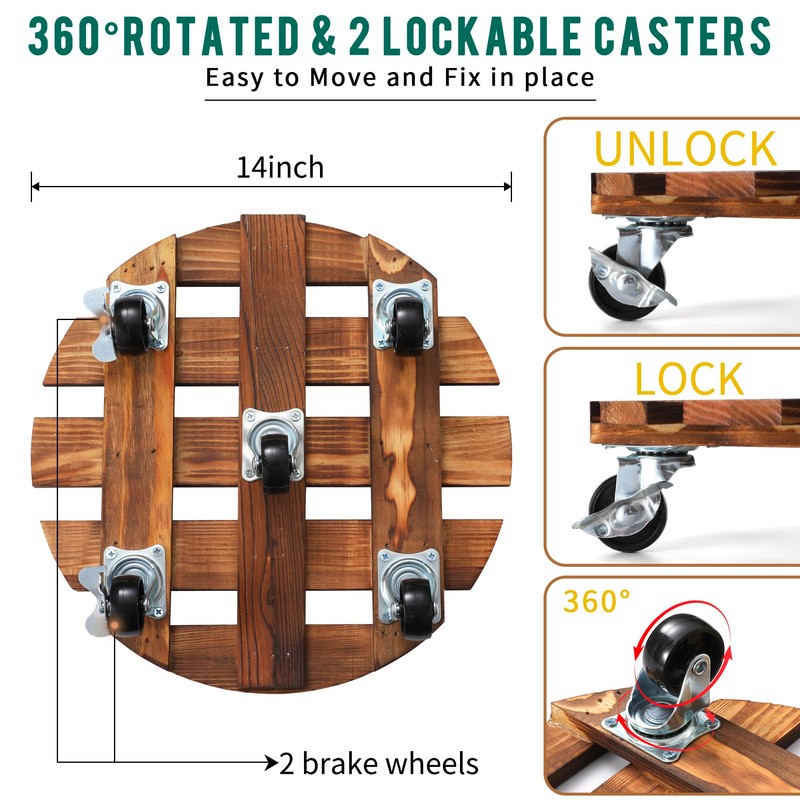 ZXZYHFTY Round Original Wooden Plant Stand with Wheels, 2 Packs