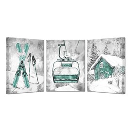 KREATIVE ARTS 3-Piece Ski Lift Canvas Wall Art, Black and White Snowy Mountain Landscape with Green Barn, Winter Ski Resort Painting for Home Decor Each 12x16''