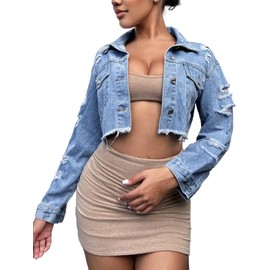 FairBeauty Women's Washed Distressed Denim Jacket Long Sleeve Ripped Button Up Cropped Jean Jacket