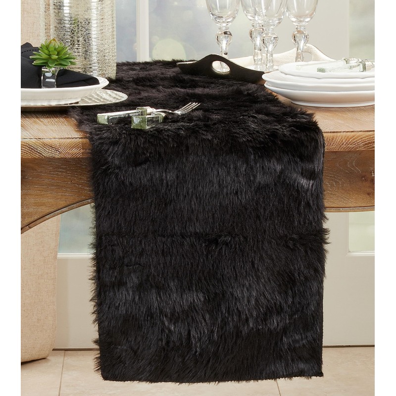 Faux Fur Design Table Runner, 15"x36", Black