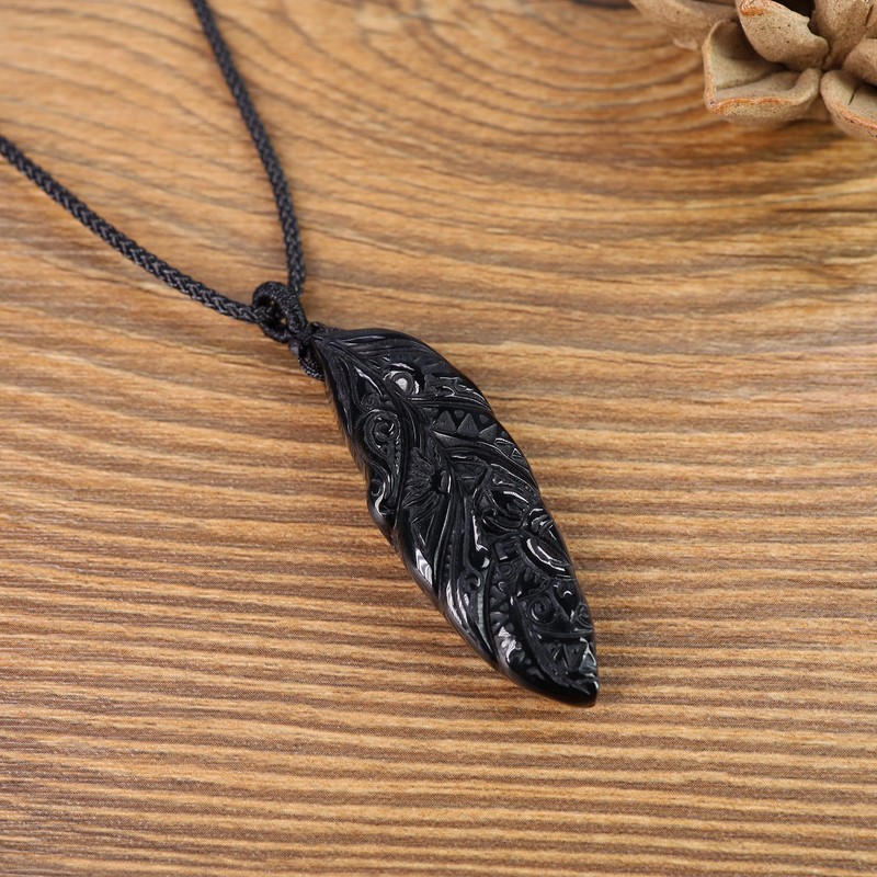 COAI Women's Feather Black Obsidian Necklace