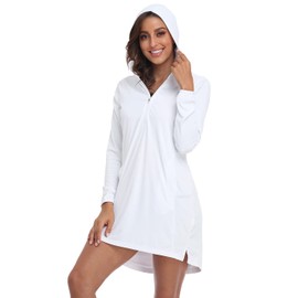 HDE Beach Coverups for Women UPF 50 Long Sleeve Swim Cover Up Dress with Hood, White, Medium