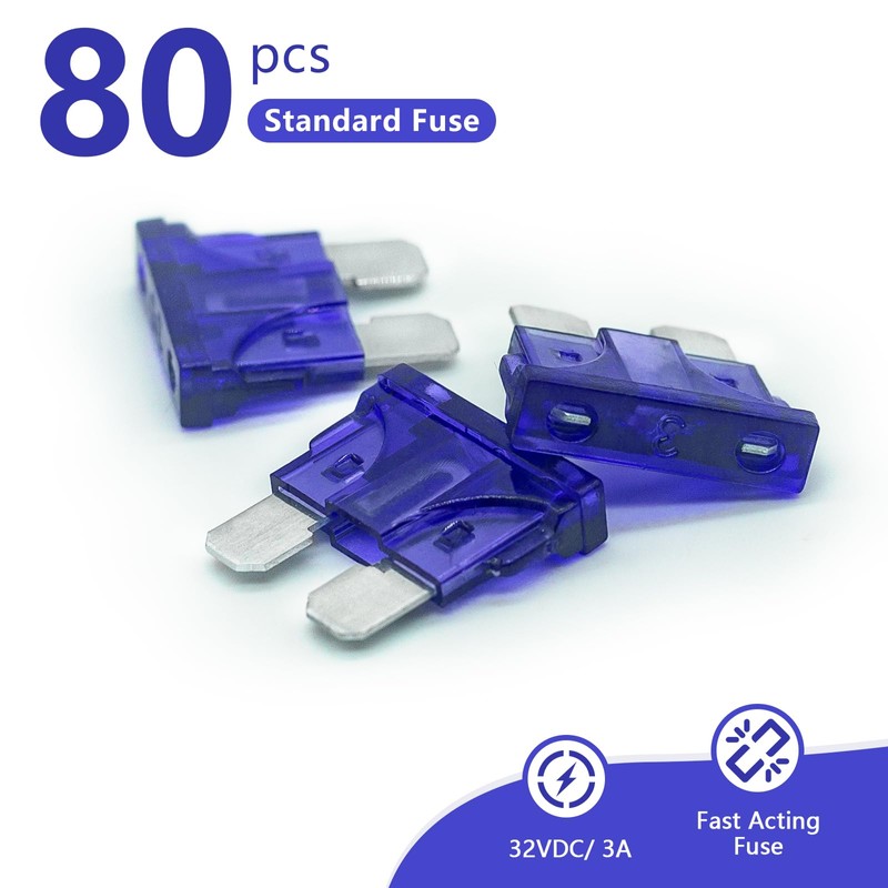 Fuselechada (80Pcs) 3 Amp Standard Fuse, 3A Car Blade Fuses