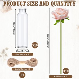 Qinyoung 10 Set Dried Pampas Grass Centerpiece for Wedding 10 Clear Glass Jars 10 Artificial Roses 80 Dried Pampas Grass with Rope for Baby Shower Rustic Bridal Party Farmhouse Decoration(Pink)