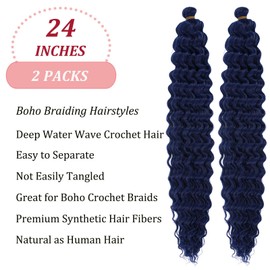 Water Deep Wave Curly Wavy Braiding Hair Pre Stretched Ocean Wave Crochet Hair Navy Blue Boho Hair for Braiding 24 Inch 2 Packs Synthetic Bohemian Braiding Hair Boho Curls Crochet Braids