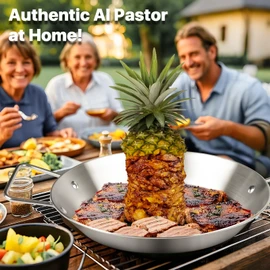 Vertical Skewer for Grill & Oven - Stainless Steel Al Pastor Skewer with Gyro Pan, 5 Adjustable Spikes (6"-14") - Shawarma Meat Stand for Tacos, Chicken Gyro, Doner Kebab - Fits Ovens, Smokers.