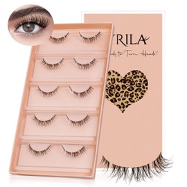 VYRILA Wispy Lash Clusters 10mm False Eyelashes, 0.05mm PBT Fiber Eyelash Clusters Cat Eye Lashes, 0.1mm Clear Band Individual Lashes Clusters Like Eyelash Extensions (Shiny-5 Pairs Lashes Pack)