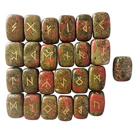 Lovionus89 Natural Rune Stones Set, Polished Engraved Elder Futhark Alphabet Magic Lettering Crystal for Meditation Divination Healing Chakra,Unakite