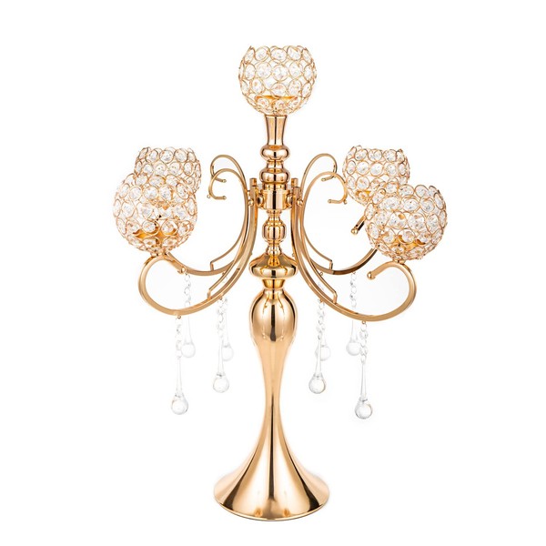 26" Tall 5-Arm Gold Crystal Candelabra Candle Holder Centerpieces for Table Decor Elegant Design Wedding Gifts