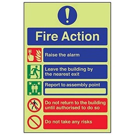 V Safety Glow In The Dark 5 Message Risks Fire Action Notice Sign - 200mm x 300mm - Rigid Plastic