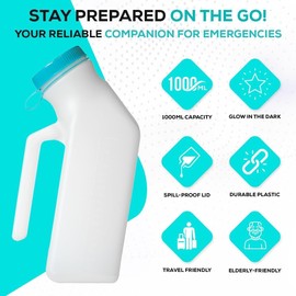 PeakTrend Urinals for Men 1000ml with Spill Proof Pop Cap Lid, Plastic Pee Bottles for Men, Male Urinals, Pee Container Men, Portable Urinal for Travel Bus Car, Elderly & Incontinence