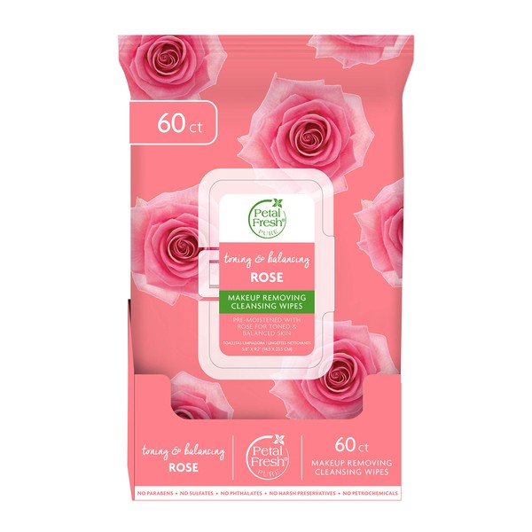 Petal Fresh Pure Brightening Rose Makeup Removing, Cleansing Towelettes, Gentle Face Wipes, Daily Cleansing, Vegan and Cruelty Free, 60 count