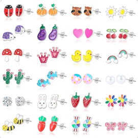 24 Pairs Cute Hypoallergenic Stud Earrings for Women Strawberry Cherry Butterfly Flower Rainbow Frog Stud Earrings Set Jewelry for Women, middle, Stainless Steel, No Gemstone