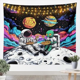 Manfei Funny Space Astronaut Alien Tapestry Trippy Universe Planet Wall Hanging,Psychedelic Galaxy Wall Blanket Home Artwork,Kids Boy Girls Room Decor,Medium 59.1 x 59.1 Inches